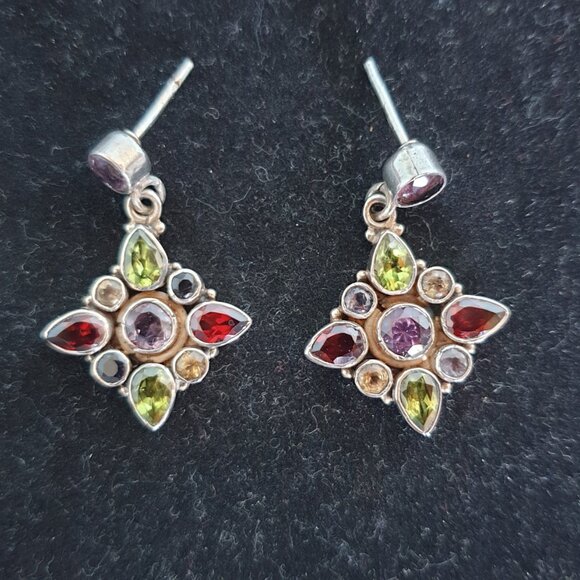 ✨ Gorgeous Vintage Multi-Gemstone Dangle Earrings – 925 Sterling Silver ✨ - Picture 9 of 10